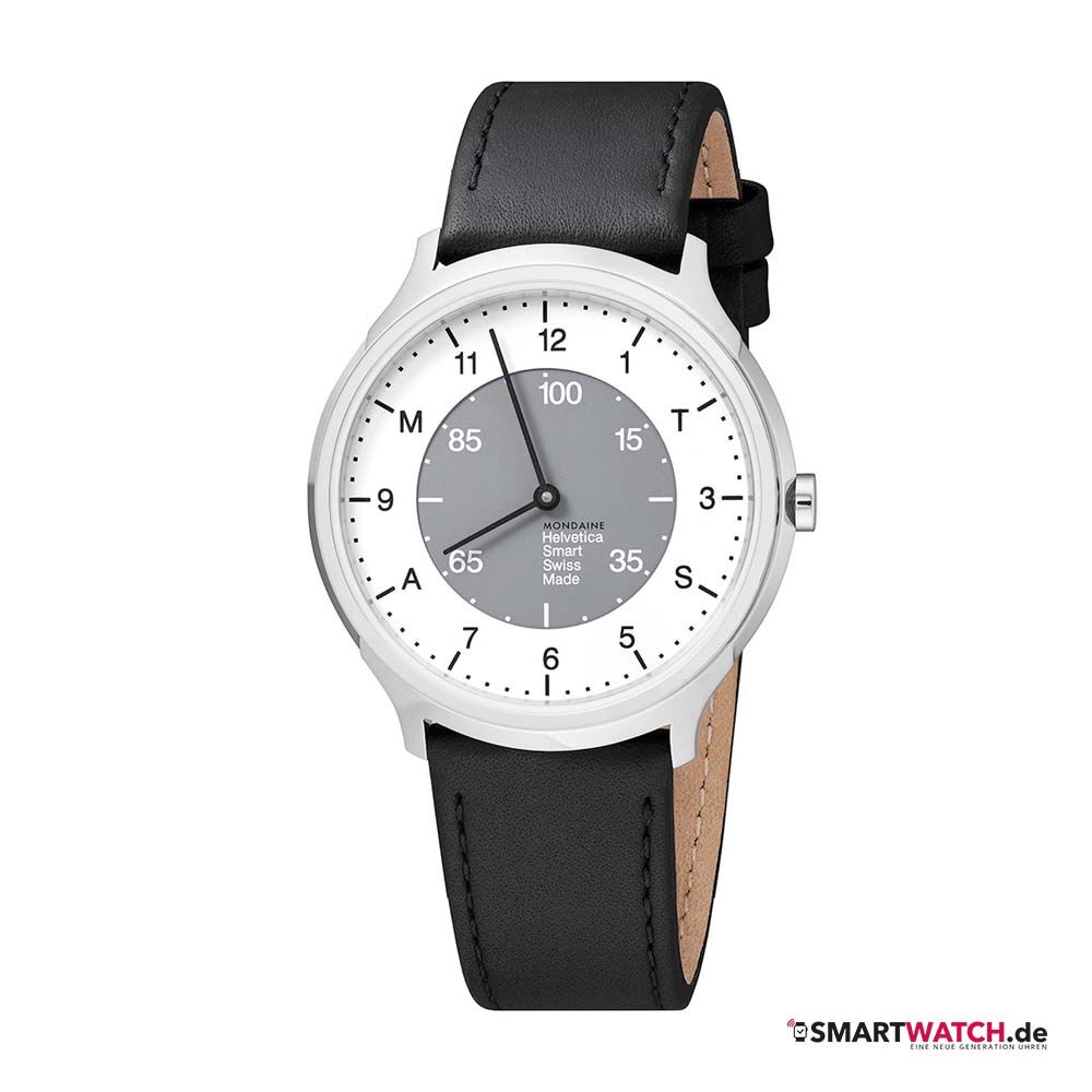 Mondaine Helvetica Regular Smartwatch, 40mm, Leder - Schwarz/Silber/Weiß/Grau